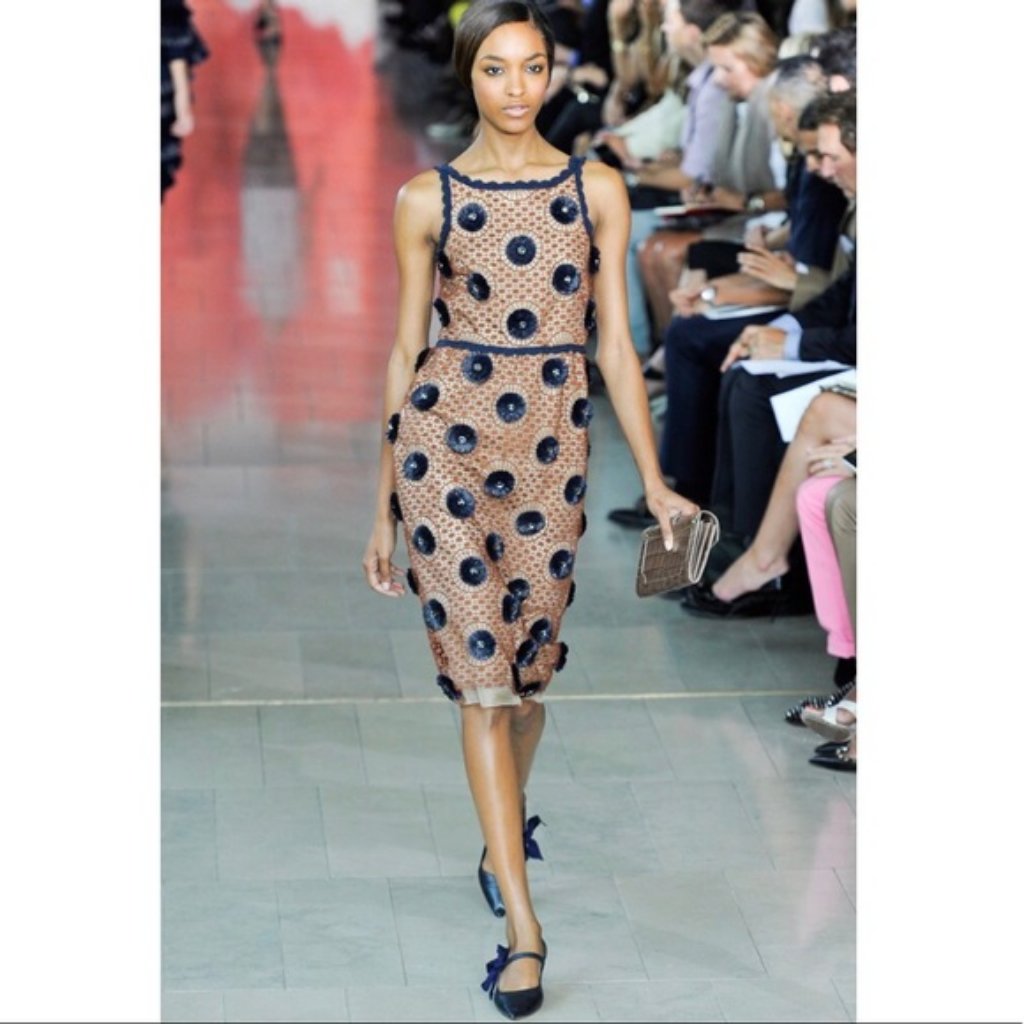 Tory Burch Beige Mesh Midi Dress With Navy Appliqu Polka Dots